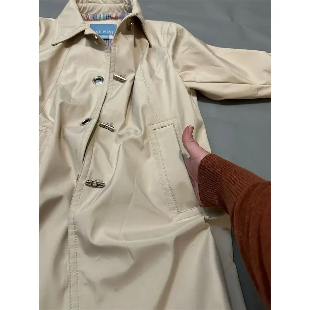 Nine West Women's Beige Trench Coat Size‎ Small Long Button-Up Casual